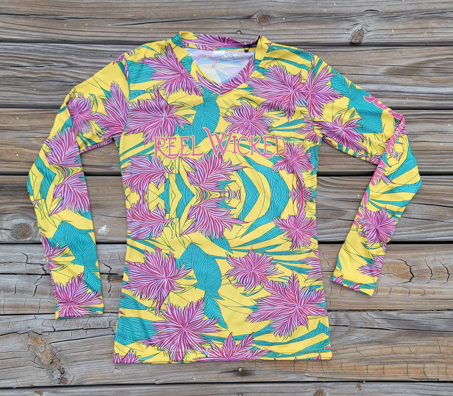 CL110 Yellow Passion Flower Long Sleeve Performance with V-Neck