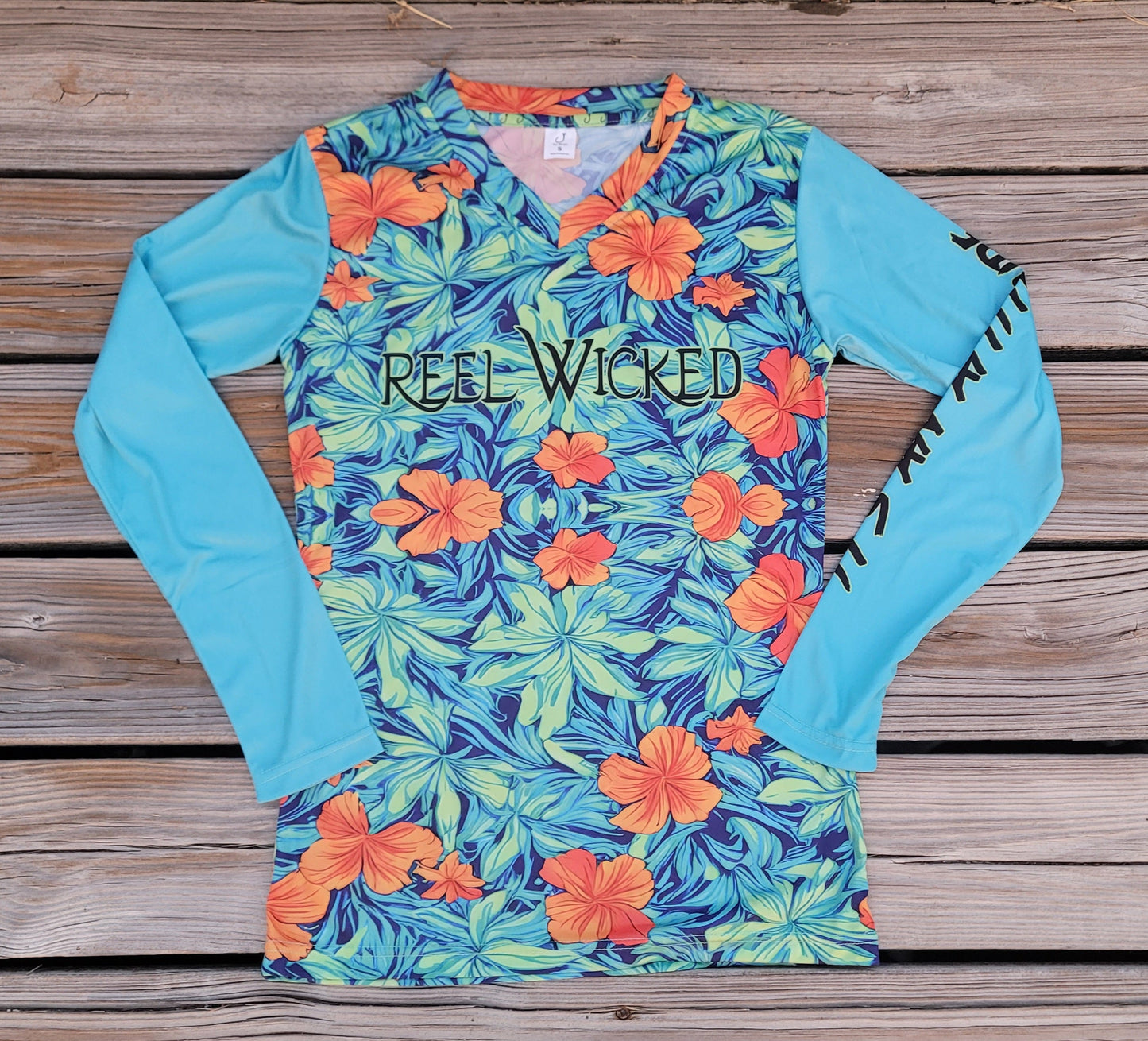 CL34 Teal Paradise Flower Performance Shirt Solid Sleeves V-Neck