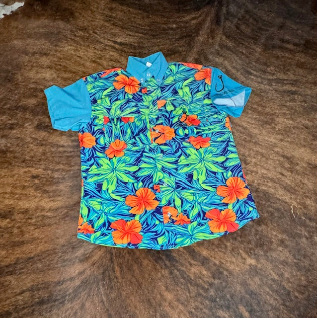 CL34 Teal Paradise Flower Button Down