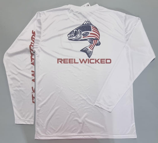 CL68 Long Sleeve White Performance Shirt with Patriotic Fish