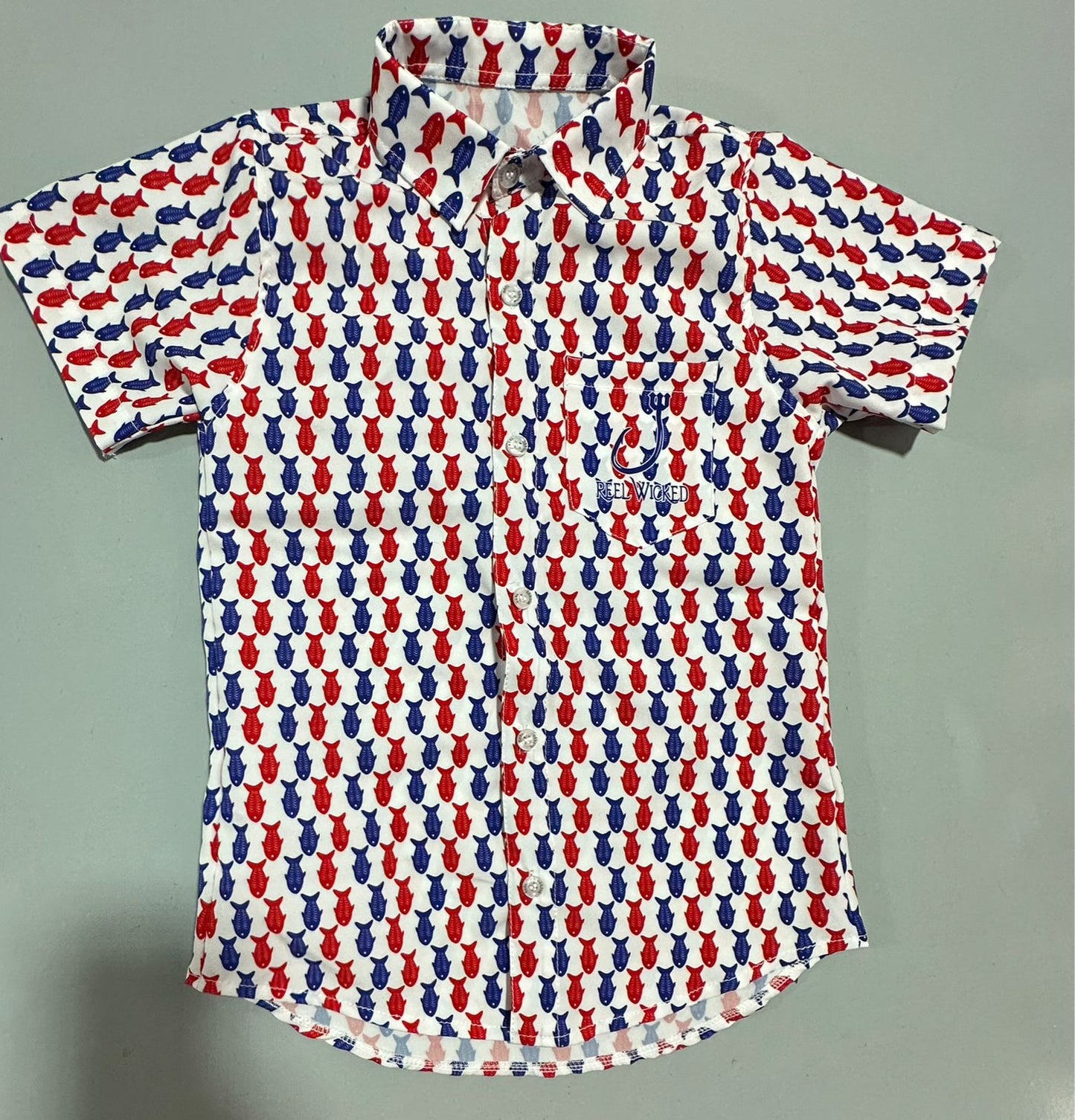 CL157 Red White & Blue Button Down Fish